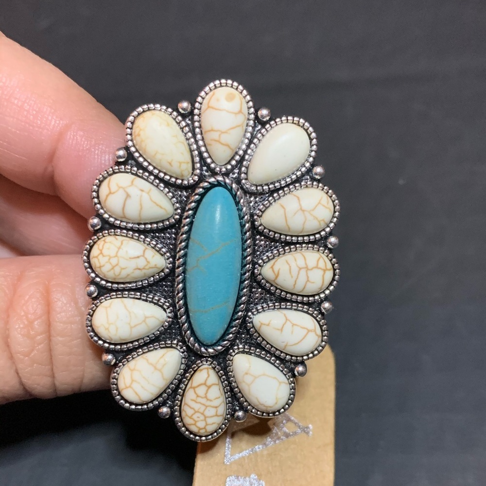 White and Turquoise Stone Silver Ring Adjustable